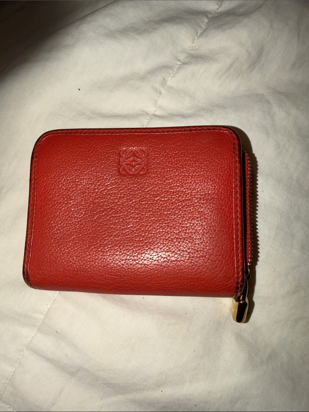 Loewe Small Red Pebbled LeatherWallet  Zip Card Holder with Gold Zip Pull